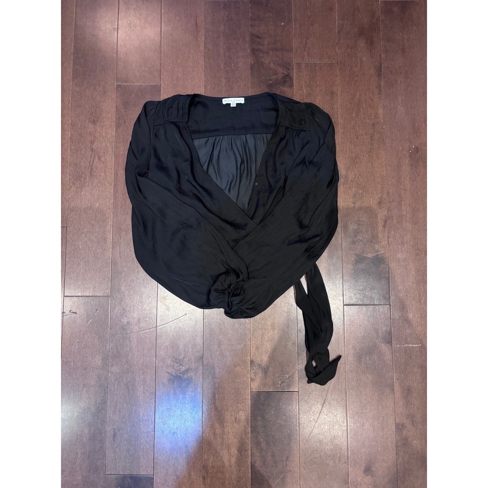 Maison d Amelie Black Satin Wrap Top Long Sleeve V-Neck Tie Waist Blouse